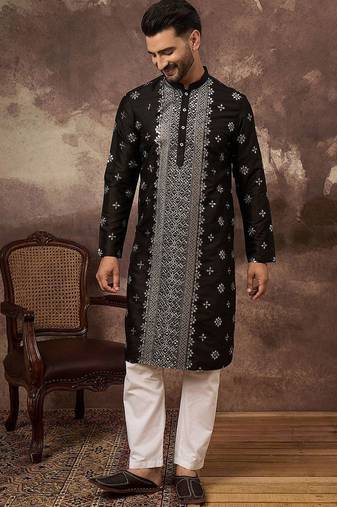 Men black silk blend solid embroidered straight kurta with pant set