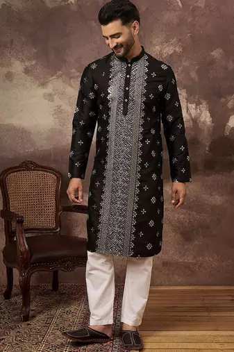 Men black silk blend solid embroidered straight kurta with pant set