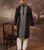 Men black silk blend solid embroidered straight kurta with pant set