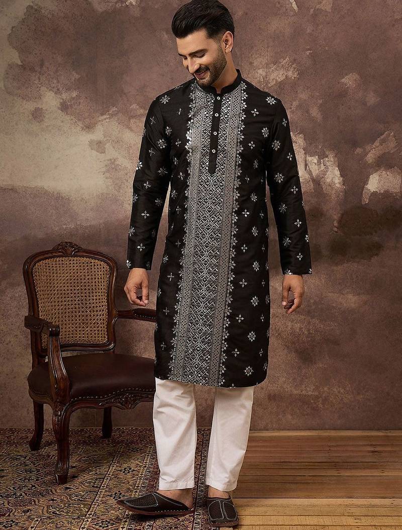 Men black silk blend solid embroidered straight kurta with pant set