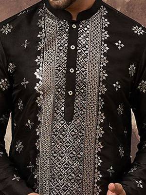 Men black silk blend solid embroidered straight kurta with pant set 2
