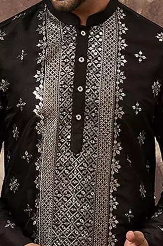 Men black silk blend solid embroidered straight kurta with pant set