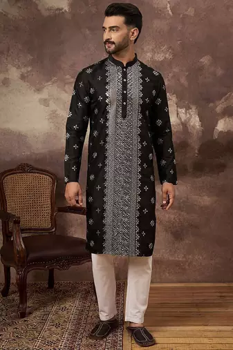 Men black silk blend solid embroidered straight kurta with pant set