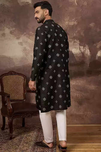 Men black silk blend solid embroidered straight kurta with pant set