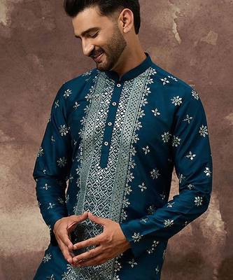 Men blue silk blend solid embroidered straight kurta with pant set 1