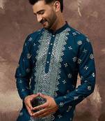 Men blue silk blend solid embroidered straight kurta with pant set