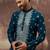 Men blue silk blend solid embroidered straight kurta with pant set