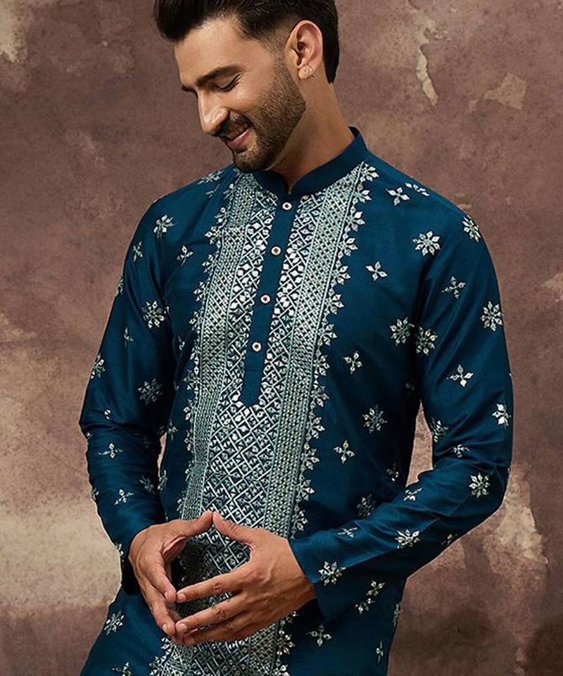 Men blue silk blend solid embroidered straight kurta with pant set