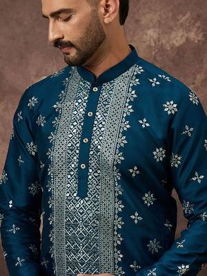 Men blue silk blend solid embroidered straight kurta with pant set 2