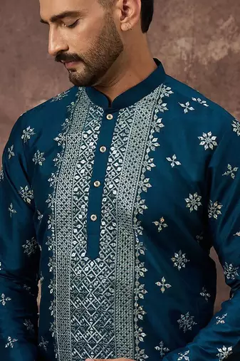 Men blue silk blend solid embroidered straight kurta with pant set