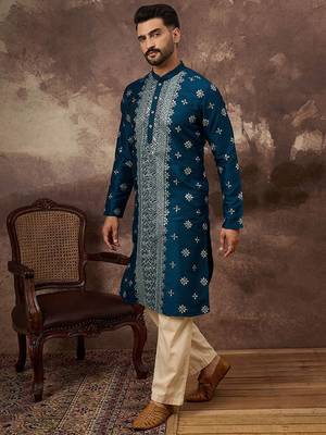 Men blue silk blend solid embroidered straight kurta with pant set 3
