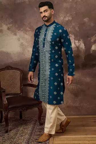 Men blue silk blend solid embroidered straight kurta with pant set
