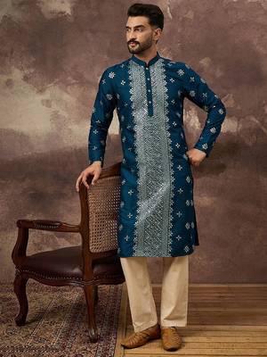 Men blue silk blend solid embroidered straight kurta with pant set 4