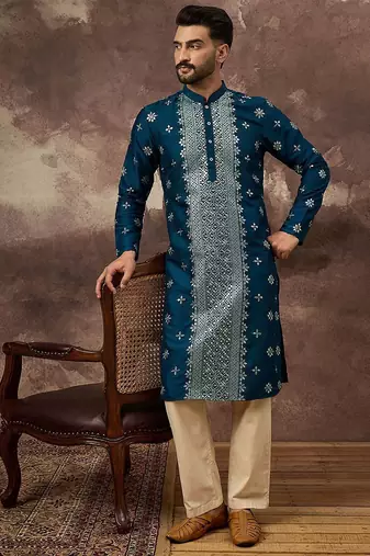 Men blue silk blend solid embroidered straight kurta with pant set