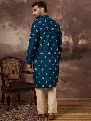 Men blue silk blend solid embroidered straight kurta with pant set 5