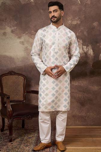 Men white silk blend solid embroidered straight kurta with pant set