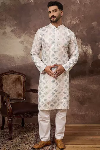 Men white silk blend solid embroidered straight kurta with pant set