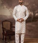 Men white silk blend solid embroidered straight kurta with pant set