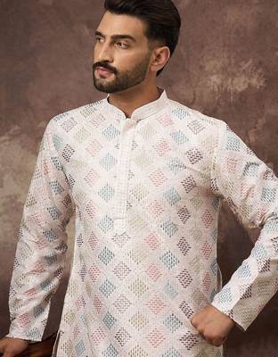 Men white silk blend solid embroidered straight kurta with pant set 2