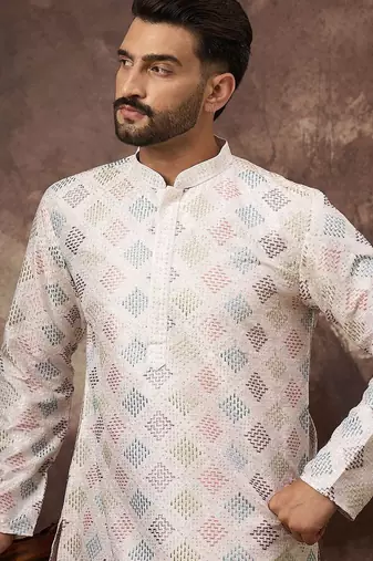 Men white silk blend solid embroidered straight kurta with pant set
