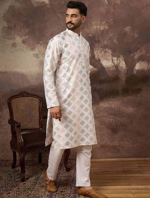 Men white silk blend solid embroidered straight kurta with pant set 3