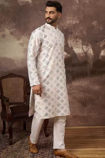 Men white silk blend solid embroidered straight kurta with pant set