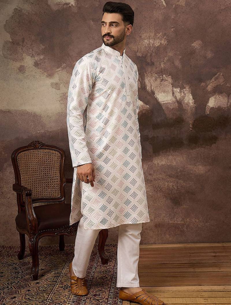 Men white silk blend solid embroidered straight kurta with pant set