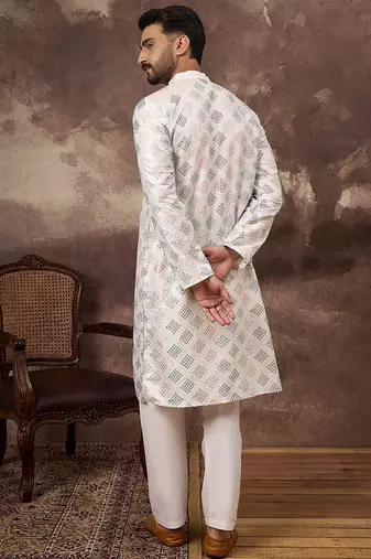 Men white silk blend solid embroidered straight kurta with pant set