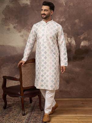 Men white silk blend solid embroidered straight kurta with pant set 5