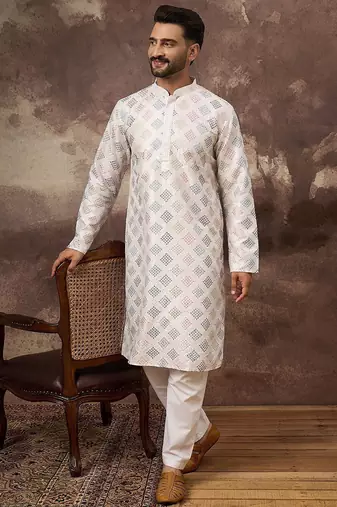 Men white silk blend solid embroidered straight kurta with pant set