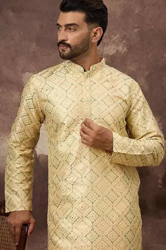 Men yellow silk blend solid embroidered straight kurta with pant set