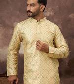 Men yellow silk blend solid embroidered straight kurta with pant set