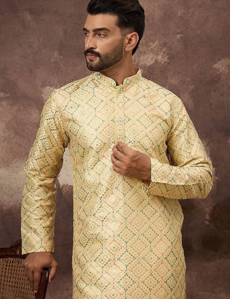 Men yellow silk blend solid embroidered straight kurta with pant set