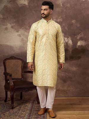 Men yellow silk blend solid embroidered straight kurta with pant set 2