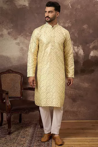 Men yellow silk blend solid embroidered straight kurta with pant set