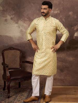 Men yellow silk blend solid embroidered straight kurta with pant set 4