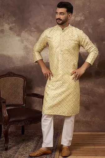 Men yellow silk blend solid embroidered straight kurta with pant set