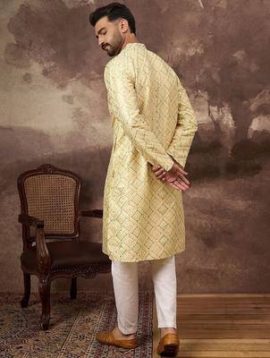 Men yellow silk blend solid embroidered straight kurta with pant set 5