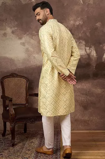 Men yellow silk blend solid embroidered straight kurta with pant set