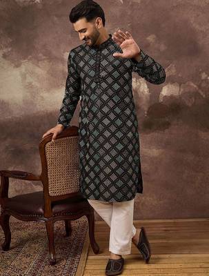 Men black silk blend solid embroidered straight kurta with pant set 1