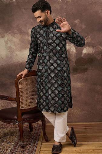 Men black silk blend solid embroidered straight kurta with pant set