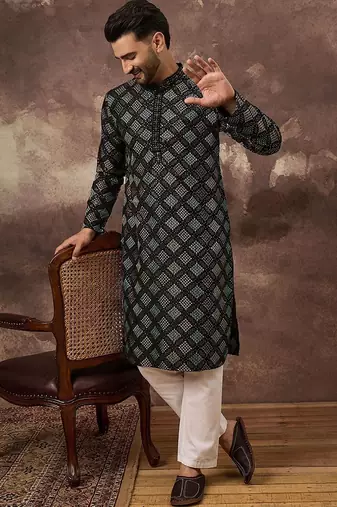 Men black silk blend solid embroidered straight kurta with pant set