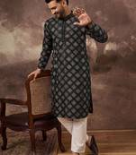 Men black silk blend solid embroidered straight kurta with pant set