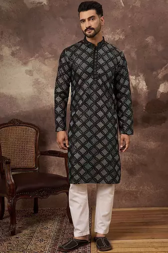 Men black silk blend solid embroidered straight kurta with pant set