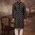 Men black silk blend solid embroidered straight kurta with pant set