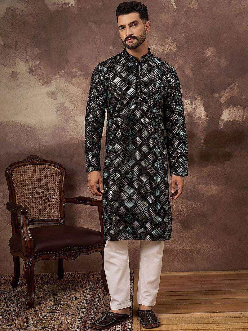 Men black silk blend solid embroidered straight kurta with pant set