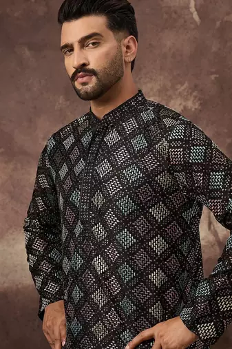 Men black silk blend solid embroidered straight kurta with pant set