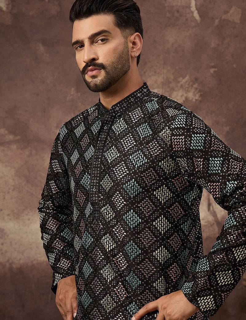 Men black silk blend solid embroidered straight kurta with pant set