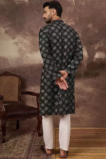 Men black silk blend solid embroidered straight kurta with pant set