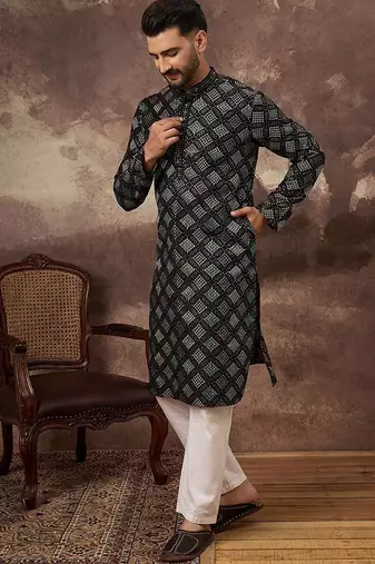 Men black silk blend solid embroidered straight kurta with pant set